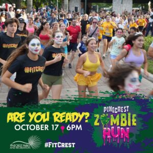 Costumed runners at the Pinecrest Zombie Run with event date artwork