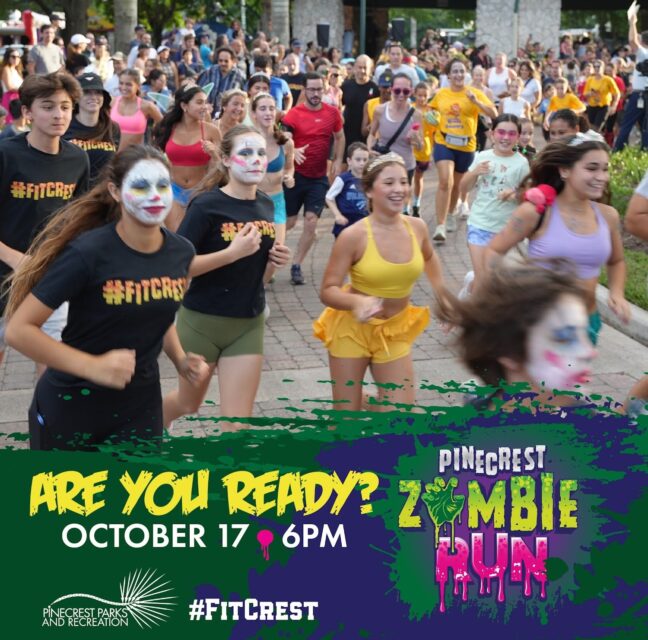 Costumed runners at the Pinecrest Zombie Run with event date artwork