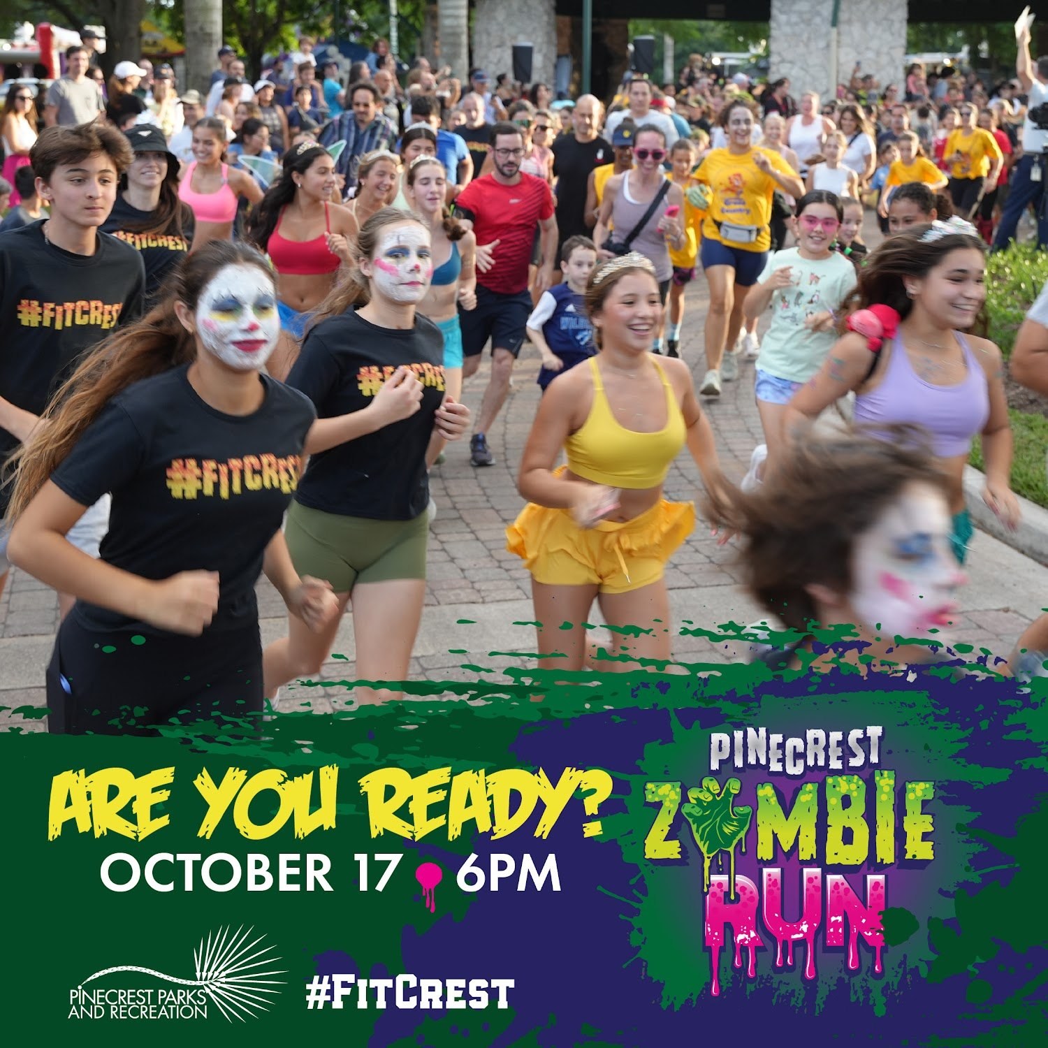 Costumed runners at the Pinecrest Zombie Run with event date artwork