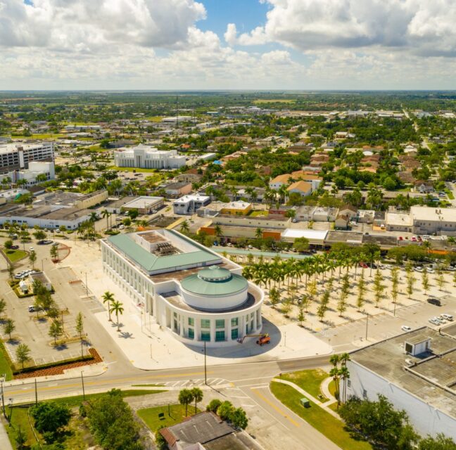Aerial view of downtown Homestead, Florida, with City Hall and Krome Avenue