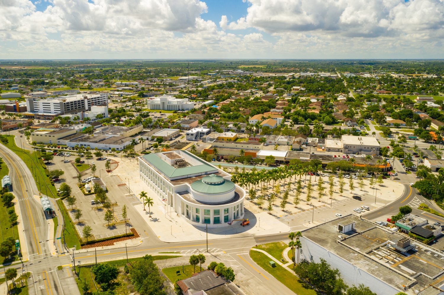 Aerial view of downtown Homestead, Florida, with City Hall and Krome Avenue